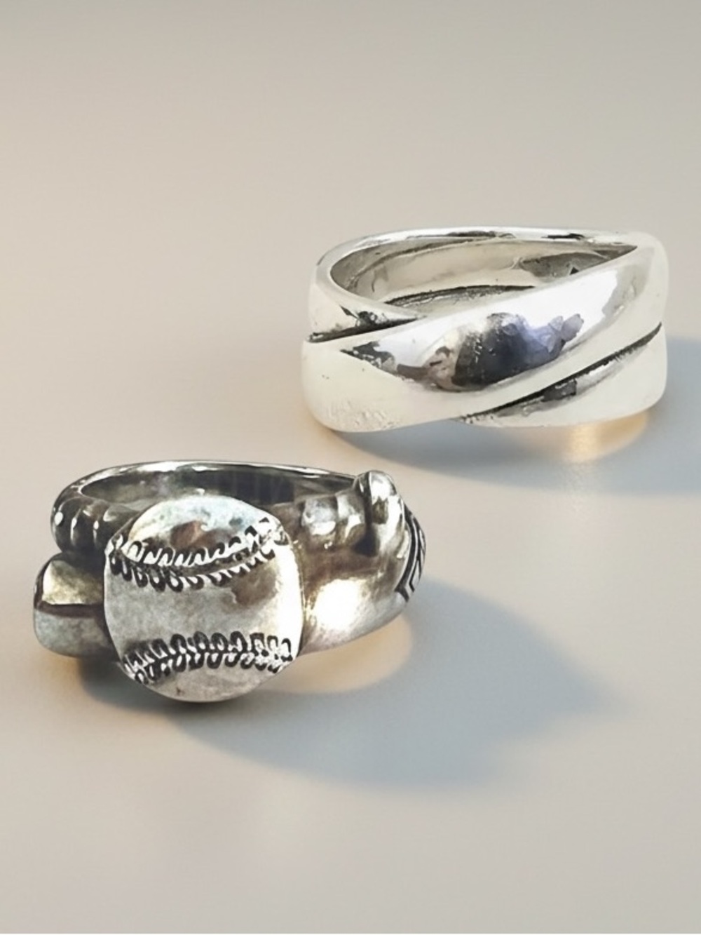 James Avery chunky double crossover & baseball bat and ball wrap around rings